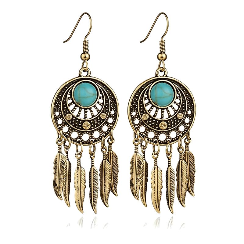 Dream Catcher Dangle Earrings for Women Retro Boho Style Metal Dangle Drop Earrings Vintage Bohemian Dream Catcher Statement Feather Dangle Tassels Turquoise Earrings Ethnic Feather Tassel Earrings Dream Catching Leaf Tassel Turquoise Earrings Jewelry - c