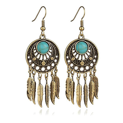 Dream Catcher Dangle Earrings for Women Retro Boho Style Metal Dangle Drop Earrings Vintage Bohemian Dream Catcher Statement Feather Dangle Tassels Turquoise Earrings Ethnic Feather Tassel Earrings Dream Catching Leaf Tassel Turquoise Earrings Jewelry - c