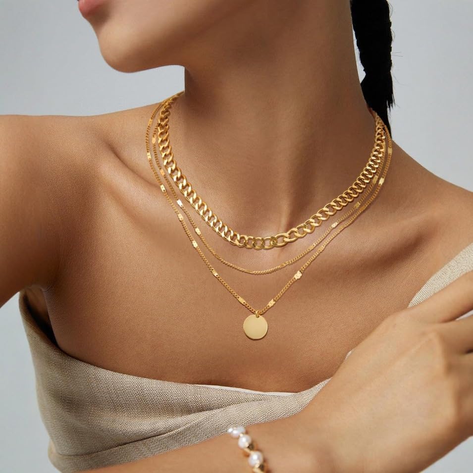 Evabelle Gold Layered Necklace for Women Trendy Jewelry 14K Real Gold Plated Chunky Chain Stackable Necklaces Dainty Choker Necklaces Rectangle Square Pendant - color: Gold Necklace 08