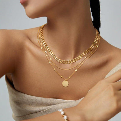 Evabelle Gold Layered Necklace for Women Trendy Jewelry 14K Real Gold Plated Chunky Chain Stackable Necklaces Dainty Choker Necklaces Rectangle Square Pendant - color: Gold Necklace 08