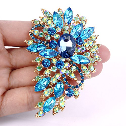 EVER FAITH Women's Austrian Crystal Wedding Flower Leaf Bouquet Brooch - color: Light Blue w/ Green AB