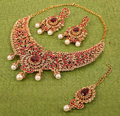 Touchstone Indian jewelry sets for women tikka wedding necklace costume guest statement bollywood rhinestones crystal faux pearls gold big royal neck piece set bridal fashion accessories - color: Red