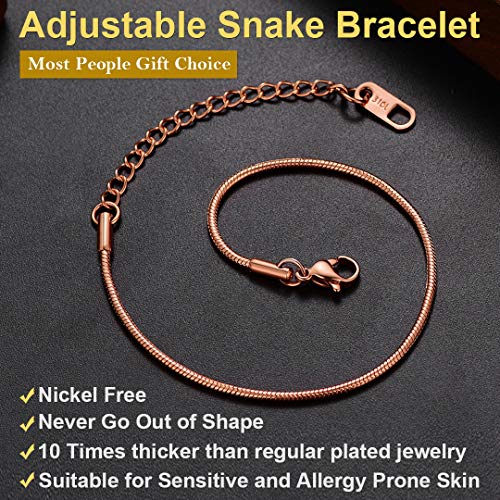 ChainsHouse Stainless Steel Herringbone Flat Chain Bracelets for Women,18K Gold/Rose Gold/Black Metal Paperclip/Snake/Cuban/Figaro Sterling Silver Link Charm Bracelet, 16+5cm Adjustable, With Gift Box - color: d. snake-rose gold