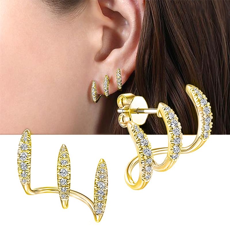 Trendy Inlay Cubic Zirconia 3 Claw Stud Earrings for Women Personality Fashion Accessories - color: Golden