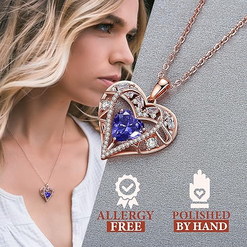 5 Heart I Love You Necklace for Women, Birthstone Crystal Pendant, Birthday Gift for Her, Wife, Mom, Rose Gold or Gunmetal Plated, 925 Sterling Silver Chain 18"+2" - color: 12-December-Tanzanite Purple-Rose Gold Plated