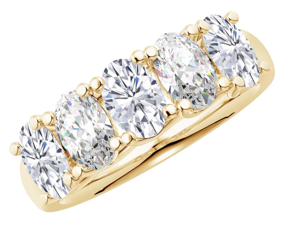 Houston Diamond District 1 to 6 CT Lab Grown Oval Cut Diamond 5 Stone Band | 14K White Gold Anniversary Band Five Stone Stackable Wedding Ring in Solid Gold E-F Color VS Quality - color: 14K Yellow Gold, size: 4.5