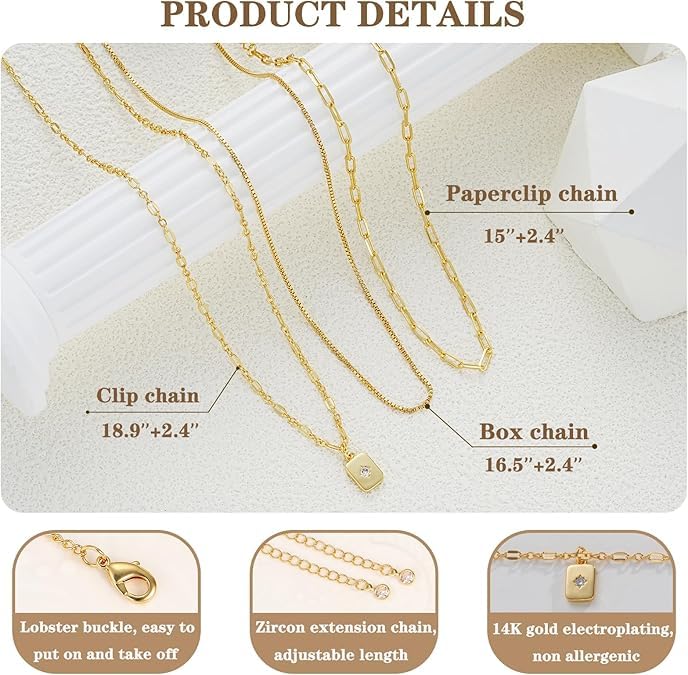 Gold Layered Necklaces for Women, 14K Gold Plated Paperclip Snake Chain Necklace Set, Dainty Coin Cross Tear Pendant Layering Choker Necklaces, Simple Trendy Stackable Jewelry Gifts - color: 3PCS/ square pendant& 2 Chains