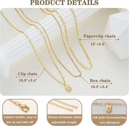Gold Layered Necklaces for Women, 14K Gold Plated Paperclip Snake Chain Necklace Set, Dainty Coin Cross Tear Pendant Layering Choker Necklaces, Simple Trendy Stackable Jewelry Gifts - color: 3PCS/ square pendant& 2 Chains