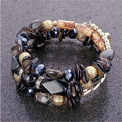 Women Beaded Bracelet Set | Colorful Boho Stackable Trendy Design with Crystal Accents Multilayer Bangle Bracelet | Fashion Stretch Braclets Jewelry for Women - color: Black.