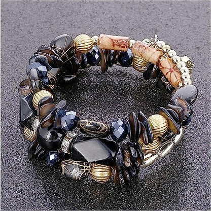 Women Beaded Bracelet Set | Colorful Boho Stackable Trendy Design with Crystal Accents Multilayer Bangle Bracelet | Fashion Stretch Braclets Jewelry for Women - color: Black.