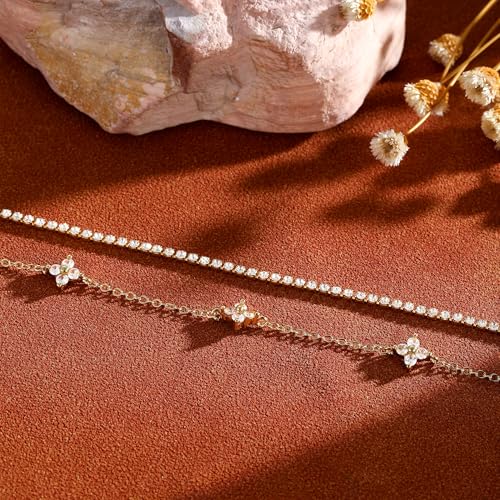 CAROVO Gold Ankle Bracelets for Women Waterproof,14K Gold Plated Bead Leaf Heart Dot Satellite Chain Layered Anklets Non Tarnish Summer Beach Jewelry Gift for Women - style: E: CZ