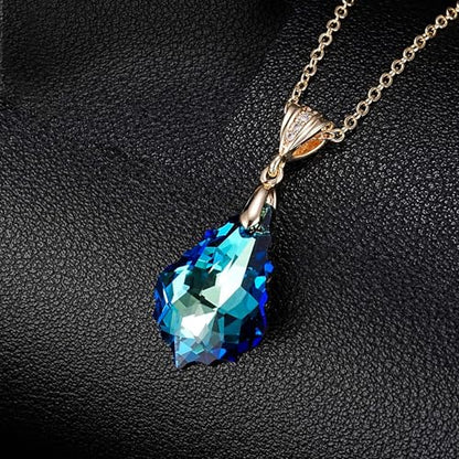EVEVIC Teardrop Austrian Crystal Charm Pendant Necklace for Women | 14K Gold Plated,Adjustable Chain Fit,Elegant Teardrop Crystal,Gift Box Included,Perfect for Daily Wear and Special Events - color: Bermuda Blue