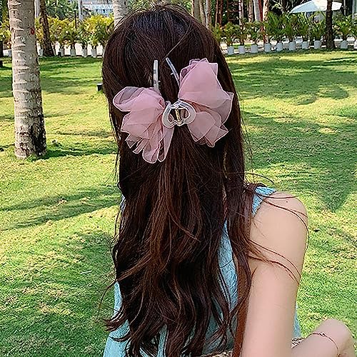 Elegant Mesh Tulle Hair Claws with Large Bowknot - Chiffon Hair Clips for Thick Hair and Women's Hair Accessories - color: pink