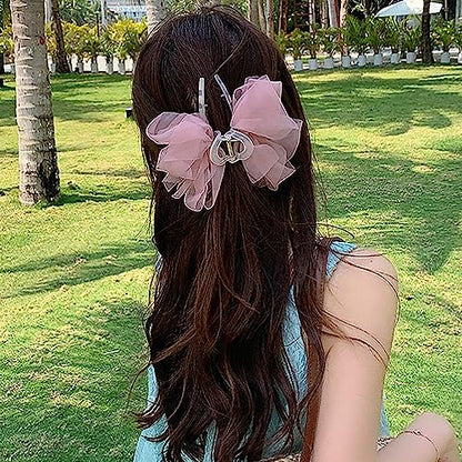 Elegant Mesh Tulle Hair Claws with Large Bowknot - Chiffon Hair Clips for Thick Hair and Women's Hair Accessories - color: pink