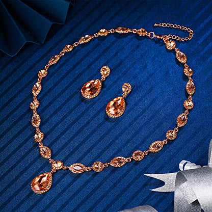 EleQueen Women's Teardrop Necklace Earrings Jewellery Set for Party Prom | Wedding Bridal Costume Jewelry Set for Brides Bridesmaids, Crystal Teardrop Necklace Dangle Earrings - color: Rose Gold-Tone