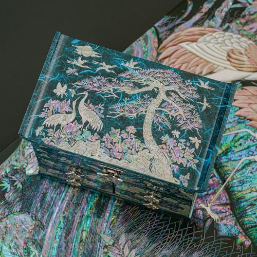 February Mountain Elegant Mother of Pearl Jewelry Box – Handcrafted Wooden Chest with Intricate Butterfly and Crane Designs, 4 Drawer Storage, and Red Velvet Interior – Ideal Gift for Women - style: Crane and Pine Tree - Blue