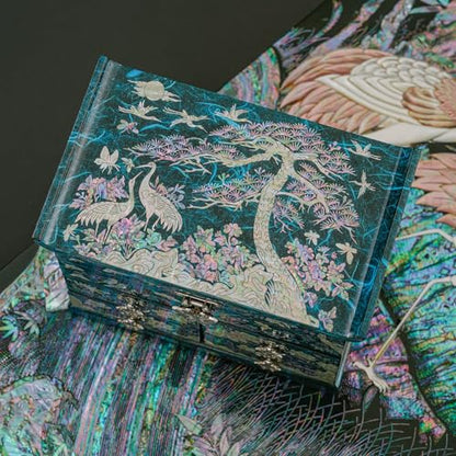 February Mountain Elegant Mother of Pearl Jewelry Box – Handcrafted Wooden Chest with Intricate Butterfly and Crane Designs, 4 Drawer Storage, and Red Velvet Interior – Ideal Gift for Women - style: Crane and Pine Tree - Blue