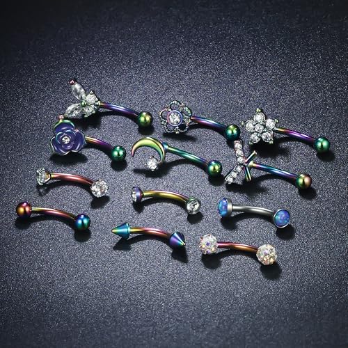 Rook Daith Piercing Jewelry 16G Stainless Surgical Steel Curved Barbell Eyebrow Rings Vertical Labret Lip Piercing Jewelry Rook Daith Earrings for Women Men 6MM 8MM 10MM Hypoallergenic - color: Rainbow Tone