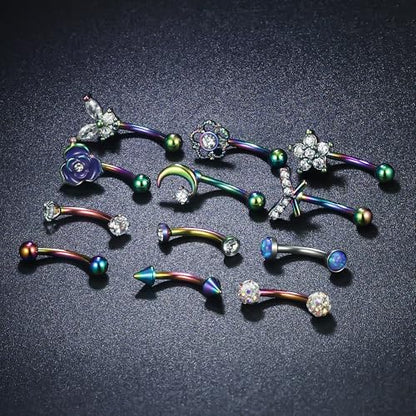 Rook Daith Piercing Jewelry 16G Stainless Surgical Steel Curved Barbell Eyebrow Rings Vertical Labret Lip Piercing Jewelry Rook Daith Earrings for Women Men 6MM 8MM 10MM Hypoallergenic - color: Rainbow Tone