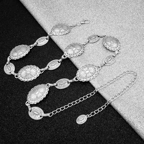 Women's Concho Chain Belt Western Cowgirl Metal Waist Chain | Belt for Dress - color: C Silver, size: M: 47.2 in