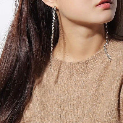 HUJUON Elegant Long Rhinestone Chain Earrings. Punk Double Strand Tassel Line Earrings Minimalism Crystal Drop Earrings for Women Wedding Jewelry