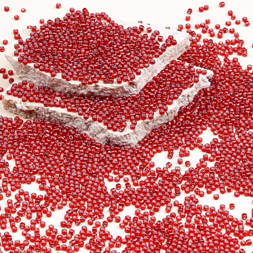 2mm Glass Seed Beads Bulk, Deep Red with Silver 12/0 Tiny Round Seed Bead, Small Mini Pony Craft Beads for Bracelet Necklace Wrist Jewelry Making Beading Weaving DIY Crafts Supplies - color: Deep Red with Silver