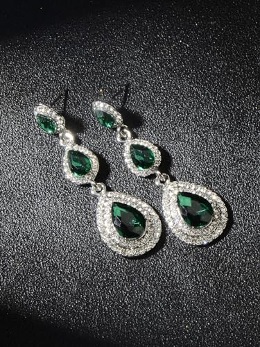 Crystal Teardrop Dangle Earrings - S925 Sterling Silver Posts Rhinestone Drop Earrings for Women Wedding Bridal Brides Bridesmaids Party Prom Pageant Fashion Costume Jewelry - style: 3 teardrop dangle earrings green silver