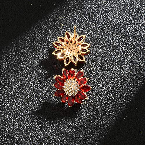 Crystal Flower Burst Stud Earirings - Big Sterling Silver CZ Cubic Zirconia Rhinestone Daisy Sunflower Floral Cluster Studs Bridal Wedding Party Prom Costume Jewelry for Bride Bridesmaids Women Birthstone Birthday Gift - color: Red