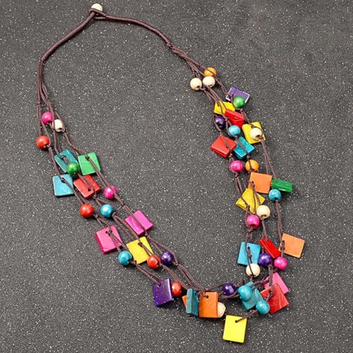 Boho Necklace for Women Long Layered Wooden Leather Leaf Pendant Statement Necklace Vintage Boho Jewelry - style: Square A