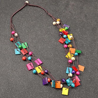 Boho Necklace for Women Long Layered Wooden Leather Leaf Pendant Statement Necklace Vintage Boho Jewelry - style: Square A