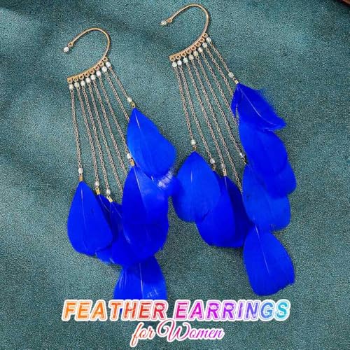 Catery Feather Earrings Long Tassel Boho Earrings Dangling Fringe Prom Jewelry for Women - color: Royal Blue