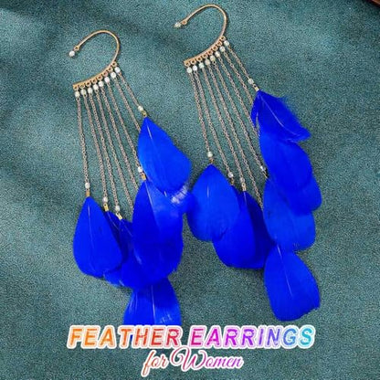 Catery Feather Earrings Long Tassel Boho Earrings Dangling Fringe Prom Jewelry for Women - color: Royal Blue