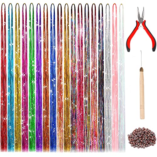 FEBSNOW Hair Extension Tinsel, 3600 Strands Sparkling Hair Kit with tool | 47Inches 18 Colors Glitter Heat Resistant Strands, Girls Party Accessories, Christmas Wedding Halloween Hair Styling Supplies - color: Multi 18 colors