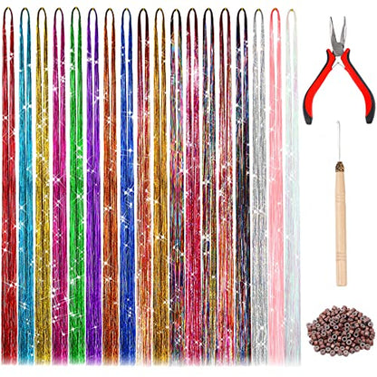 FEBSNOW Hair Extension Tinsel, 3600 Strands Sparkling Hair Kit with tool | 47Inches 18 Colors Glitter Heat Resistant Strands, Girls Party Accessories, Christmas Wedding Halloween Hair Styling Supplies - color: Multi 18 colors