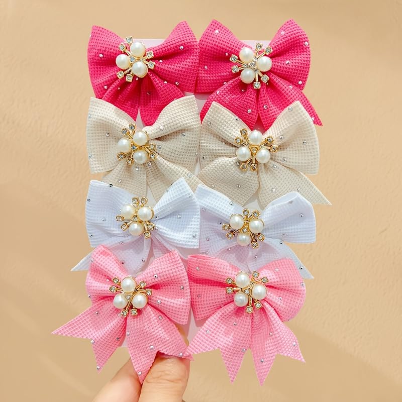 8 Pcs Waffle Fabric Bow Alligator Clips,Set With Faux Pearl Cluster And Sparkly Rhinestone Trim,Solid Tone Fabric Barrettes For Hairstyle Matching(Multicolor)