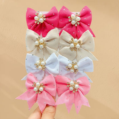 8 Pcs Waffle Fabric Bow Alligator Clips,Set With Faux Pearl Cluster And Sparkly Rhinestone Trim,Solid Tone Fabric Barrettes For Hairstyle Matching(Multicolor)