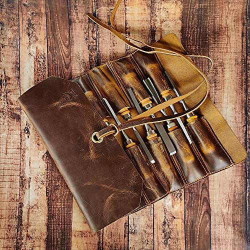 Leather Tool Roll Up Pouch - Leather Tool Wrench Roll/Chisel Bag by Rustic Town | Fit Carving & Hand Tools up to 9 inches, Compact Carry for Woodworkers, Electricians and DIY Projects, Secure Tie Closure - style: 12 Slots(large)