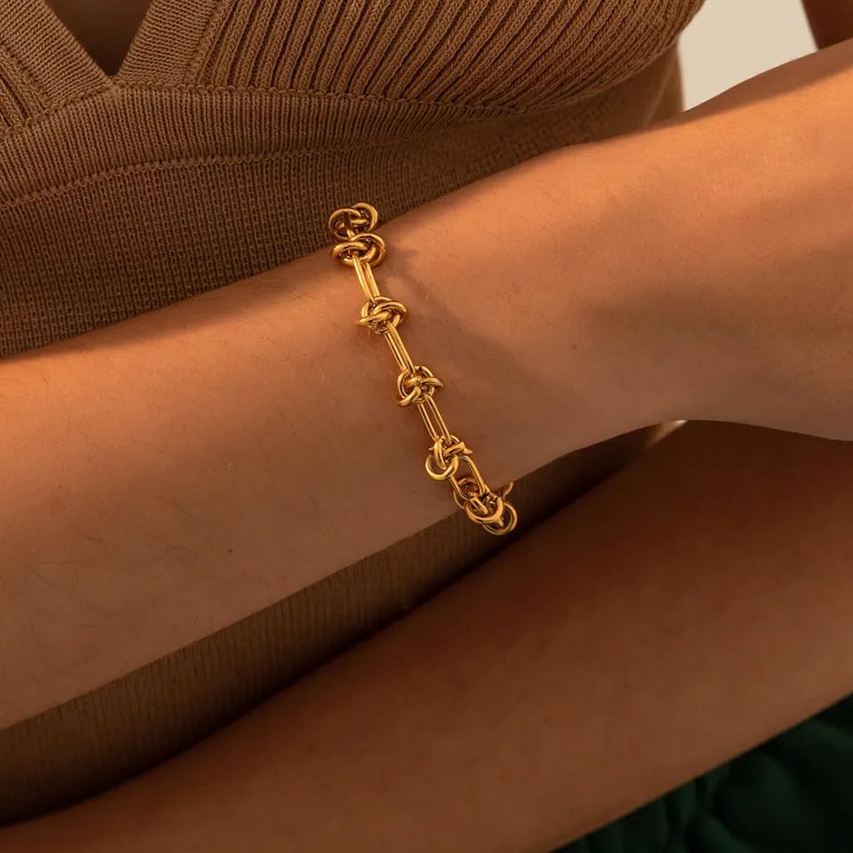 SOFYBJA 18k Gold Plated Personalized Chunky Cuban Oval Link Chain Bracelets for Men Toggle Rope Bracelet Jewelry for Women - style: Knot Chain Link Bracelet