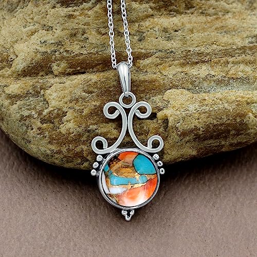 Natural Round Gemstone Pendant Necklace for Women, 925 Sterling Silver | Solitaire Birthstone Jewelry With 18 Inch Chain, Handmade Semi Precious Stone Pendant, Jewelry Gift for Mom, Wife & Sister - color: Oyster Copper Turquoise