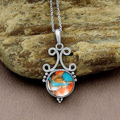 Natural Round Gemstone Pendant Necklace for Women, 925 Sterling Silver | Solitaire Birthstone Jewelry With 18 Inch Chain, Handmade Semi Precious Stone Pendant, Jewelry Gift for Mom, Wife & Sister - color: Oyster Copper Turquoise