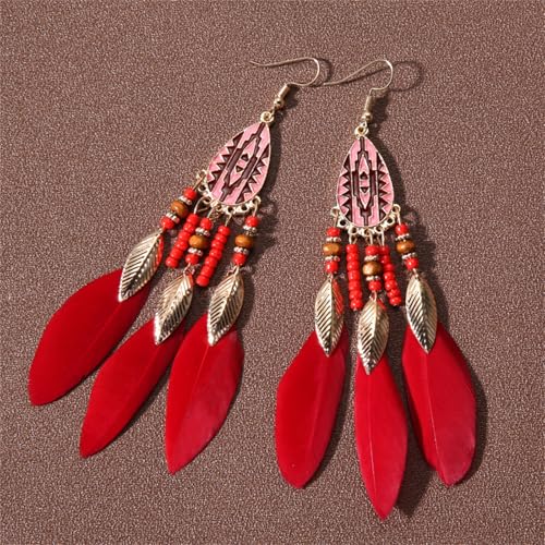 Dreuyet Boho Long Feather Drop Dangle Earrings for Women Retro Bohemian Ethnic Fringe Multicolor Tassel Feather Earring Handmade Statement Dream Catcher Earrings Jewelry - color: Red Teardrop