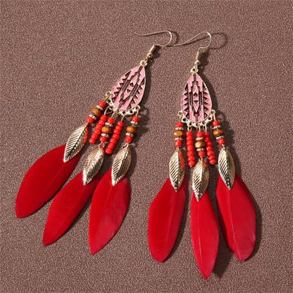 Dreuyet Boho Long Feather Drop Dangle Earrings for Women Retro Bohemian Ethnic Fringe Multicolor Tassel Feather Earring Handmade Statement Dream Catcher Earrings Jewelry - color: Red Teardrop