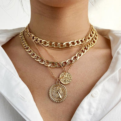 CSIYANJRY99 Chunky Gold Necklaces for Women,Multilayer Punk 80s Hip Hop Necklace,Layered Cuban Link Chain Statement Necklace 90s Freaknik Outfit Accessories for Women - color: Coin Gold