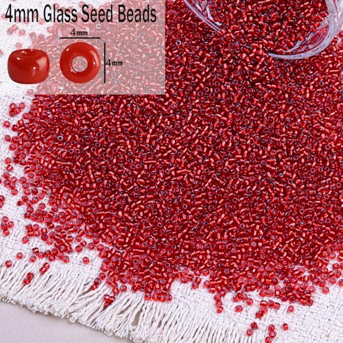 2000pcs Glass Seed Beads Bulk, 4mm 6/0 Mini Pony Spacer Small Individual Color Seed Beads for DIY Bracelet Necklaces Wrist Jewelry Making, Frosted Silver Red - color: Frosted Silver Red