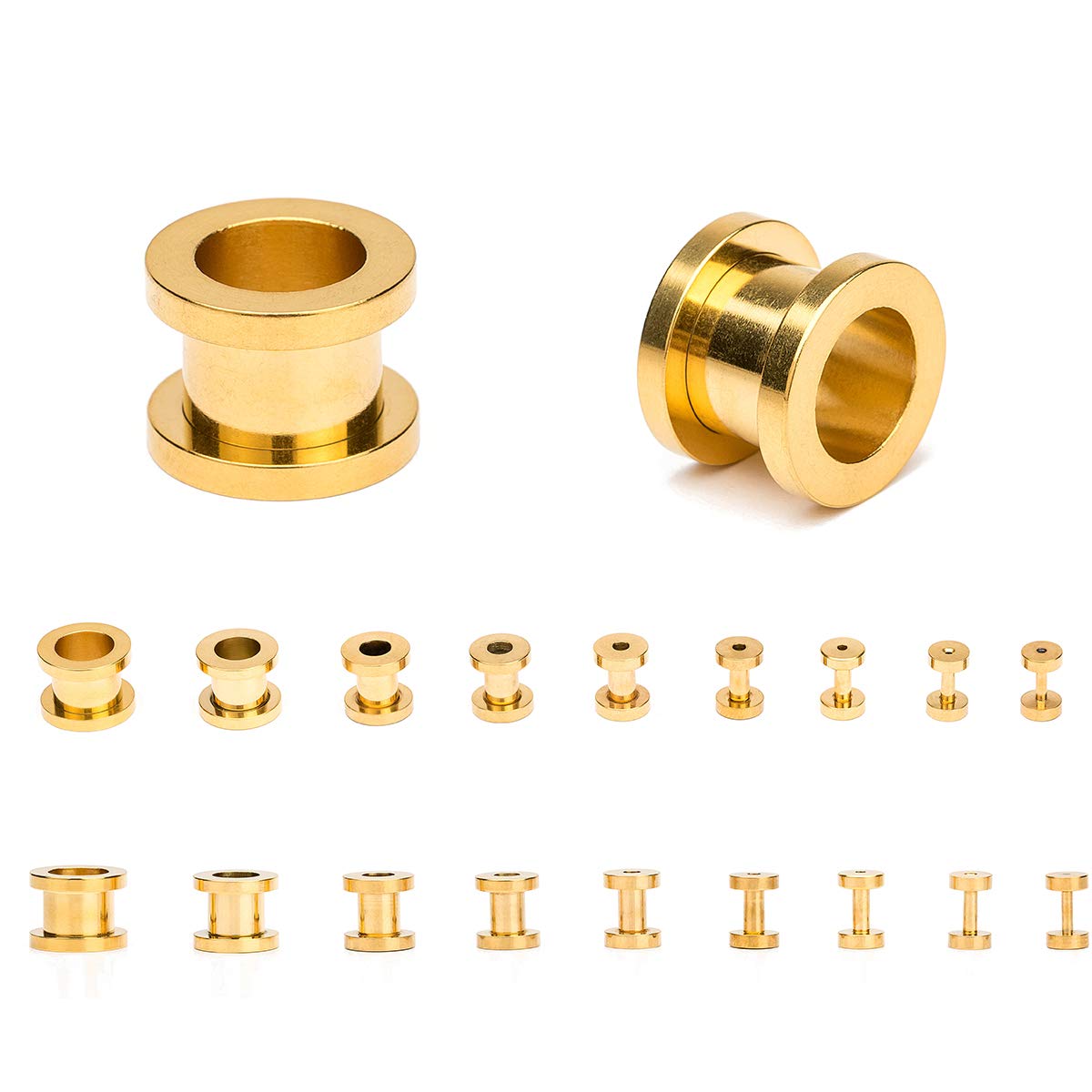 18PCS Ear Tunnels Kit Stainless Steel Screw Fit 14G-00G Gauges Plugs Set Double Flared Stretcher Expander Body Piercing Jewelry - color: Goldtone