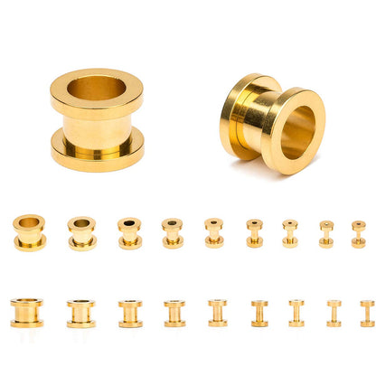 18PCS Ear Tunnels Kit Stainless Steel Screw Fit 14G-00G Gauges Plugs Set Double Flared Stretcher Expander Body Piercing Jewelry - color: Goldtone