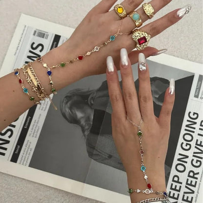3PCS 14K Gold-Plated Hand Chain Bracelets for Women, Stack Bracelets Set Adjustable, Trendy Dainty Ring Bracelet Hand Chain - color: gold-3-set