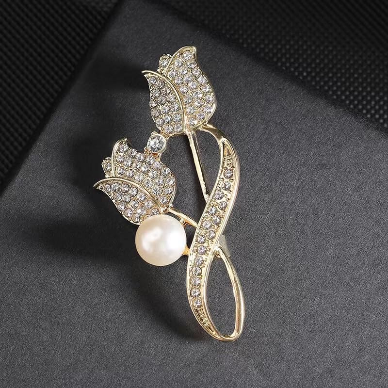 coadipress Tulip Floral Brooch Pin for Women Dainty Gold Plated Rhinestone Pearl Tulip Flower Green Leaf Broochs Pins Trendy Wedding Party Jewelry Accessories - style: Gold