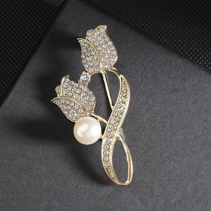 coadipress Tulip Floral Brooch Pin for Women Dainty Gold Plated Rhinestone Pearl Tulip Flower Green Leaf Broochs Pins Trendy Wedding Party Jewelry Accessories - style: Gold