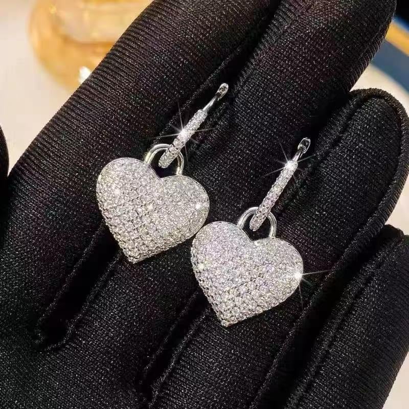 Dainty Full Cubic Zirconia Heart Dangle Small Hoop Earrings for Women Ladies Trendy Sweet Crystal Bling CZ Love Charm Drop Huggie Earring for Her Birthday Valentines Mother's Day Fine Jewelry Gifts - color: Silver-tone